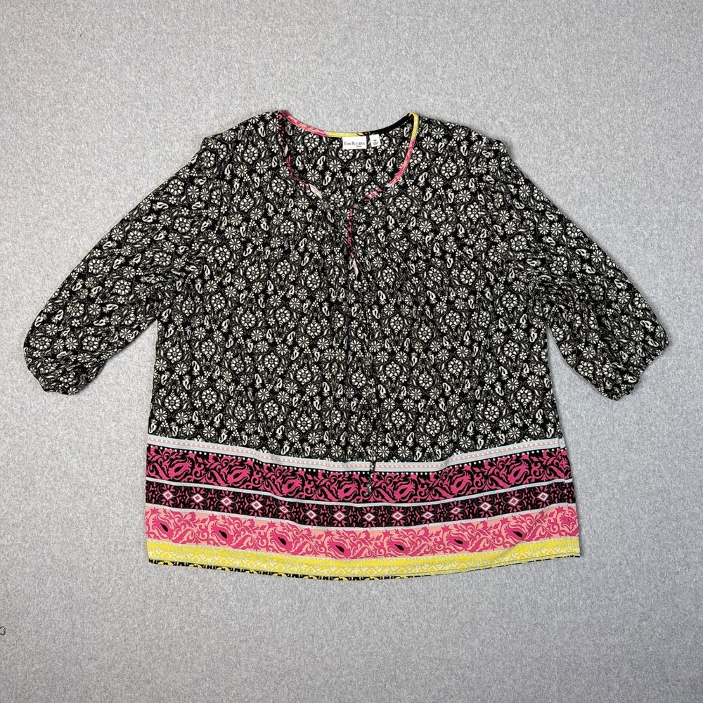 Kim Rogers Curvy Womens 3X Blouse Black Pink Floral Paisley 3/4 Sleeve Top